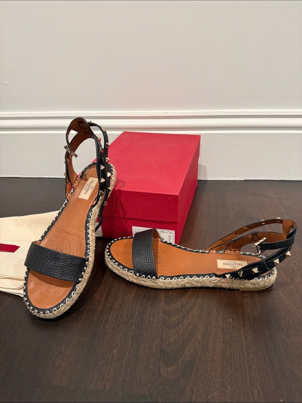 Valentino Black Leather Studded flat Espadrille Sandals